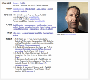 Screenshot of Professor Hany Farid's website.